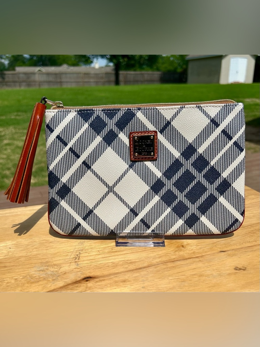 Dooney & Bourke Harding Carrington Clutch Navy & White Plaid Zip Tasseled EUC